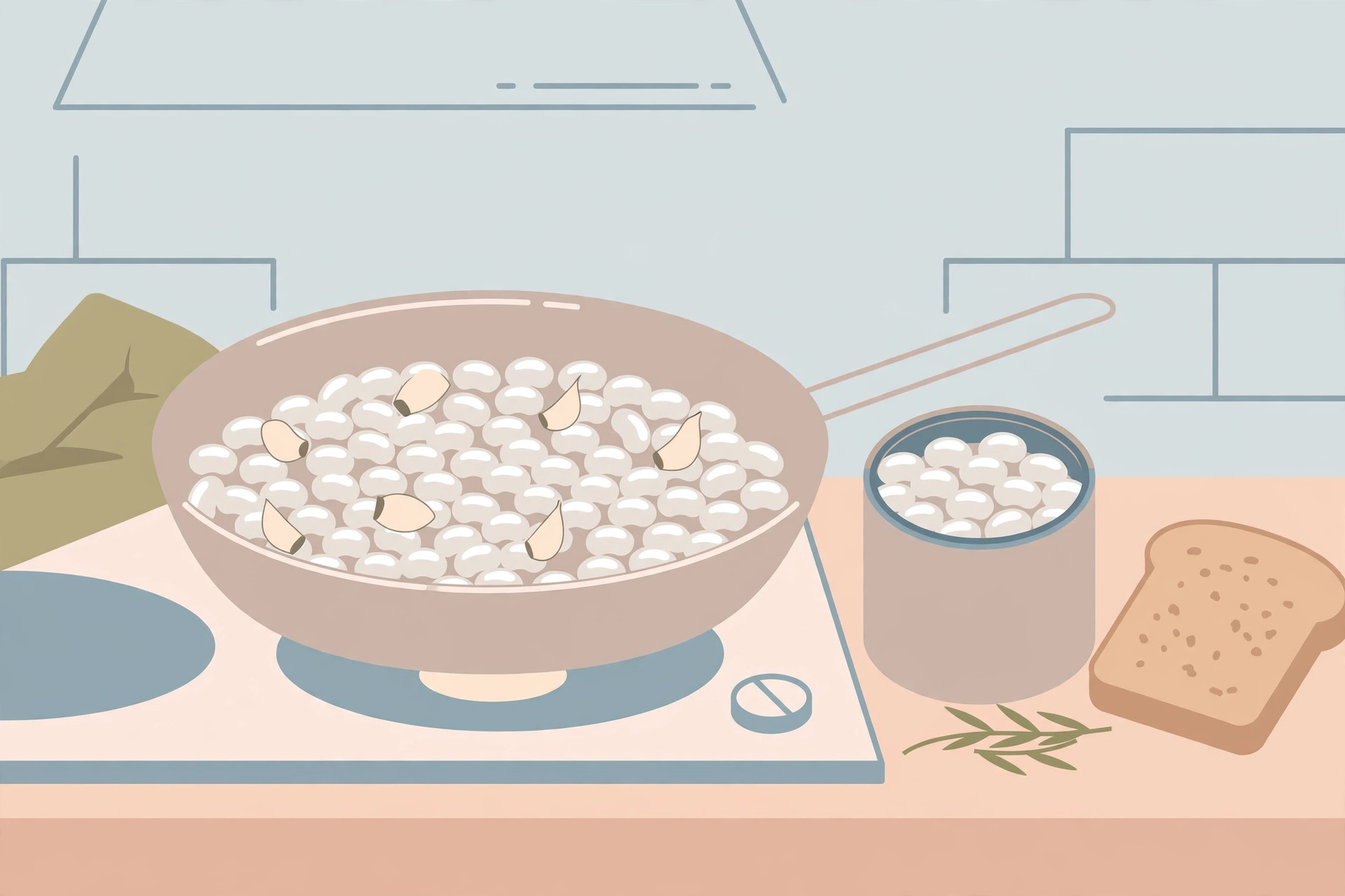 A skillet of white beans with garlic cloves on a stovetop beside an open can of beans and a slice of toast