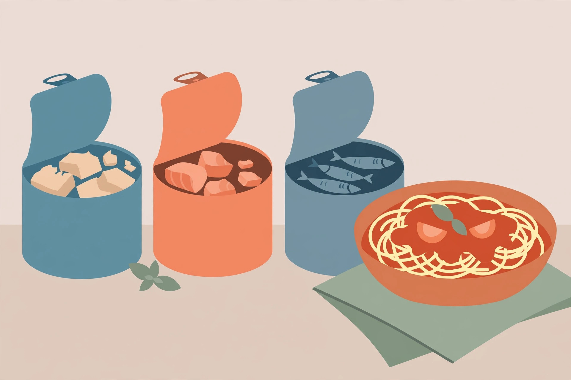 Three open cans of tuna, salmon and sardines beside a bowl of pasta with tomato sauce