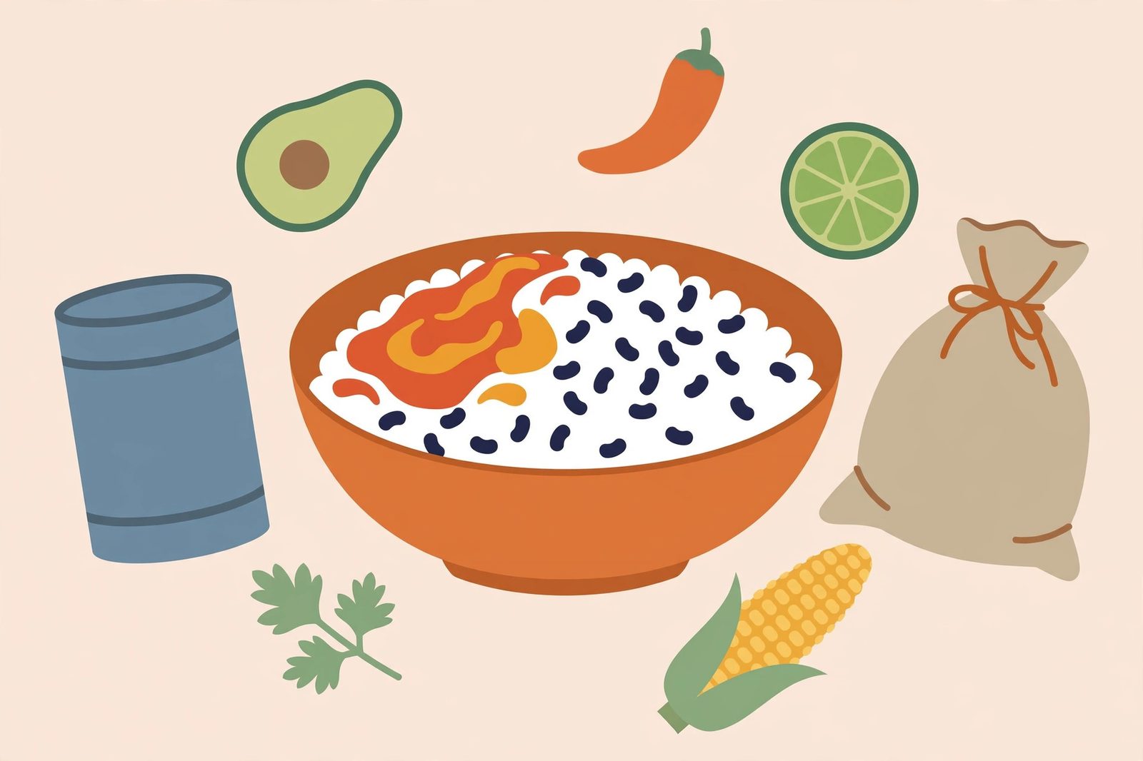A flat-illustration dinner bowl of rice and beans with avocado, chili, lime and corn around it