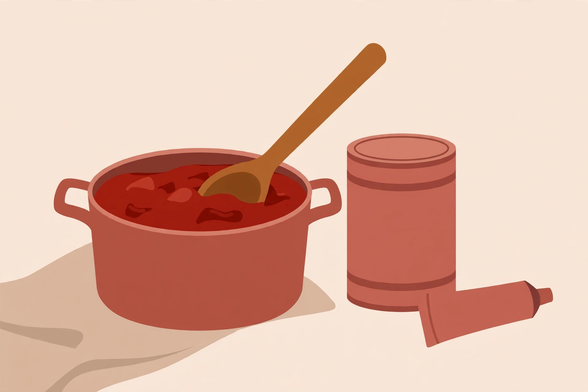A pot of red tomato pasta sauce with a wooden spoon beside a can and a tube of tomato paste