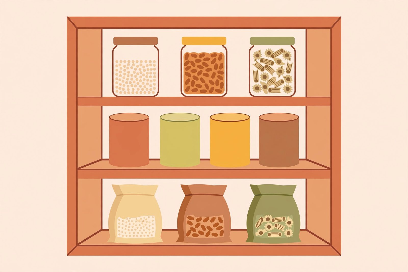 A neat pantry shelf stocked with jars of grains, cans and bags of staples