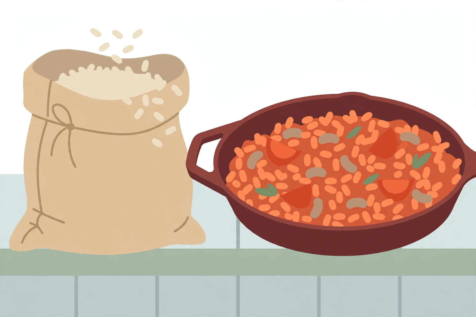 A sack of dry rice beside a skillet of tomato rice with beans on a kitchen counter
