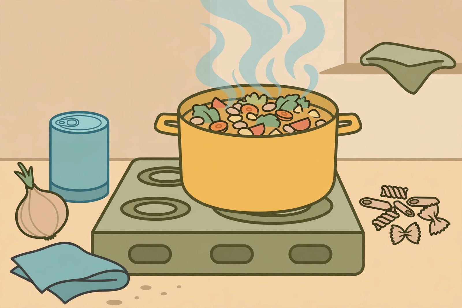 A steaming pot of vegetable soup with a can, onion and pasta shapes nearby