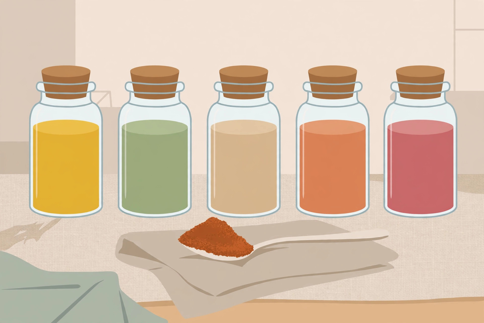 Five corked glass jars of colorful ground spices with a spoon of red spice blend in front