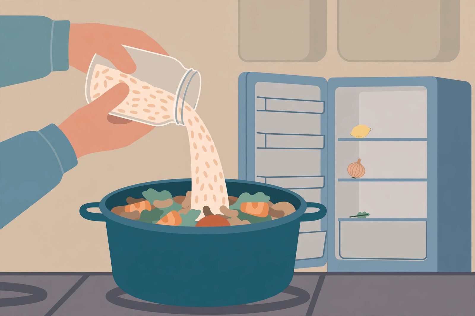 Hands pouring rice into a stew pot with a nearly empty fridge behind