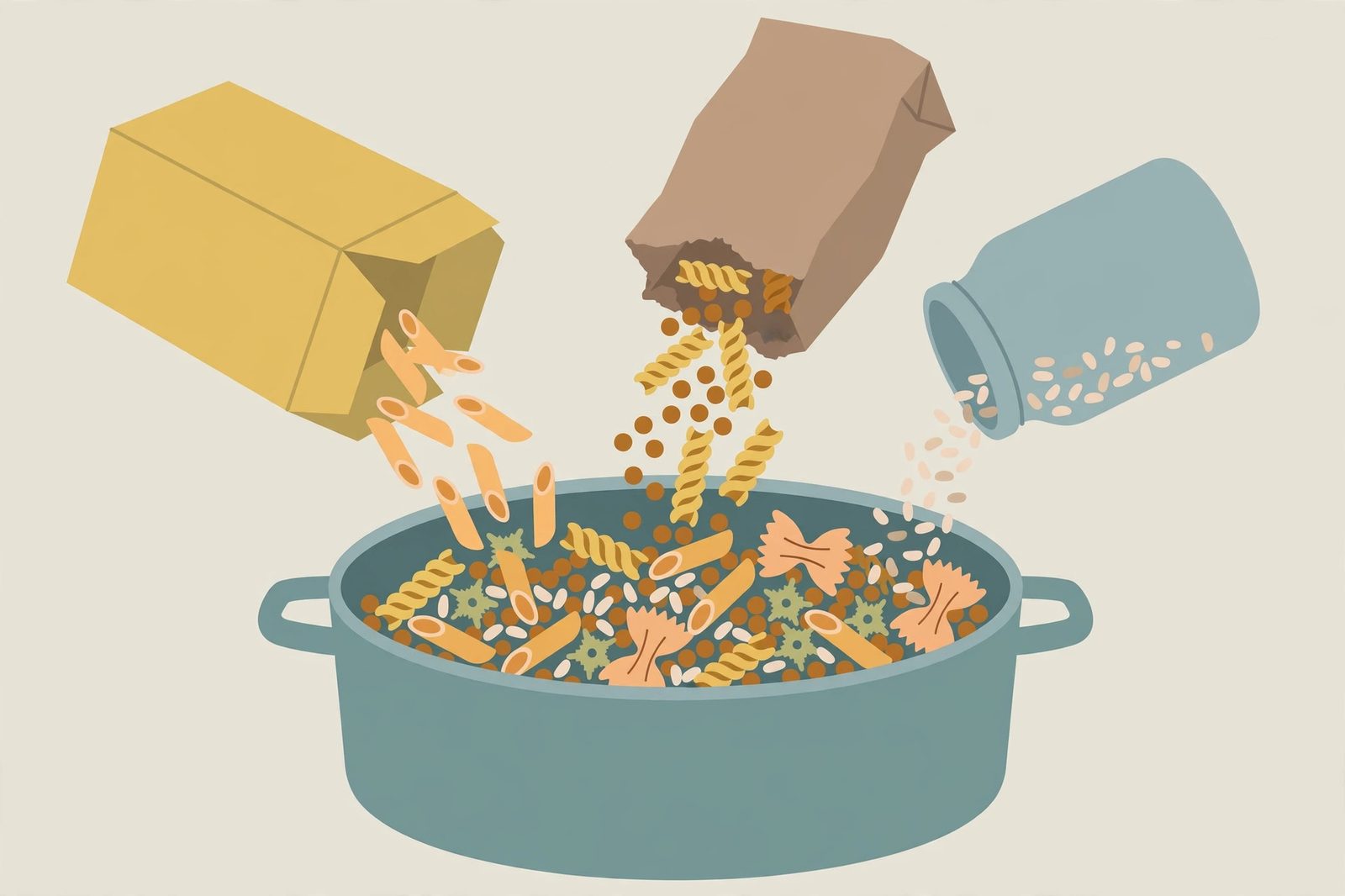 Half-empty pasta boxes and jars pouring their odds and ends into one big pot